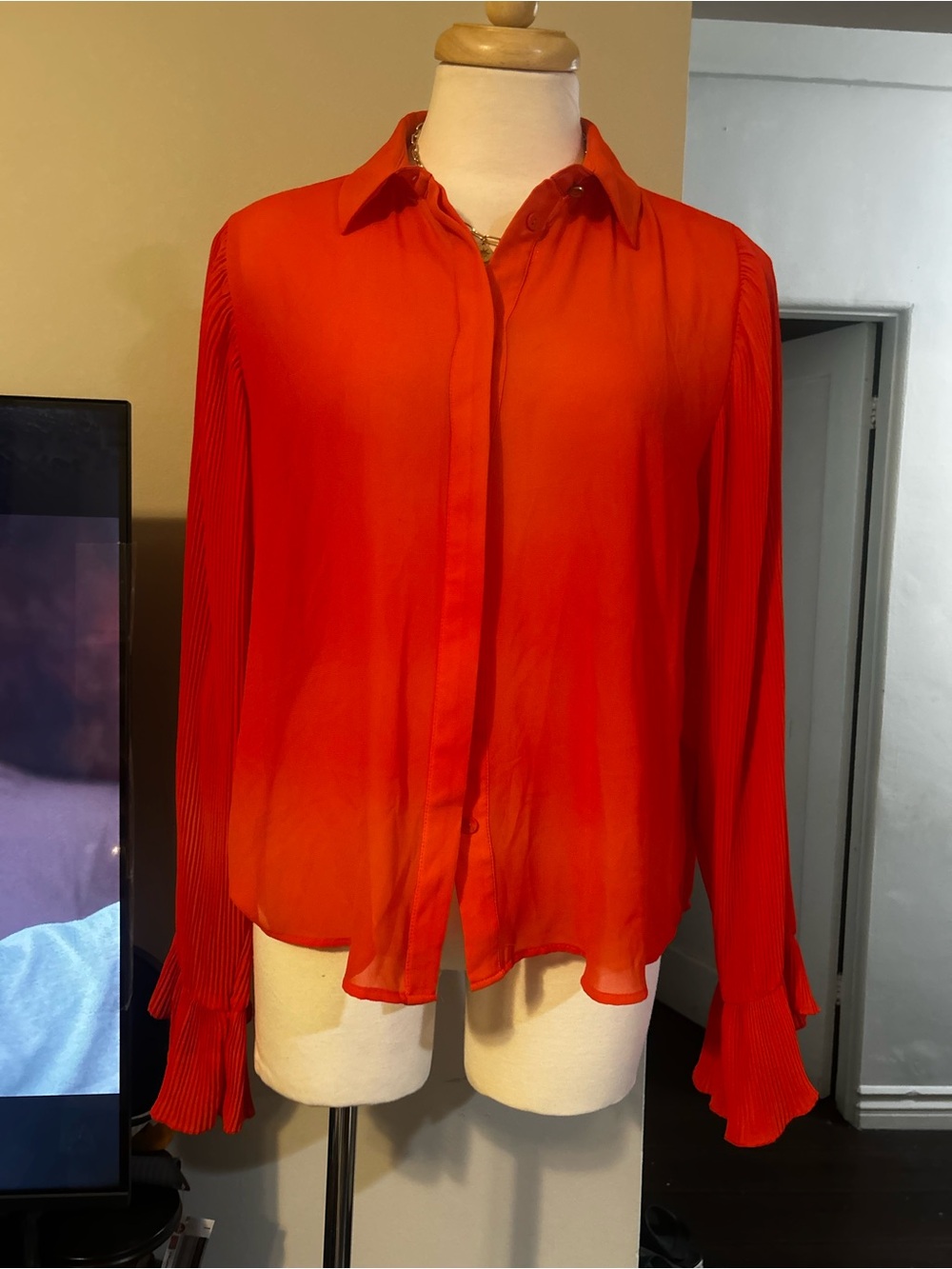 Zara Vibrant Orange Pleated-Sleeve Button-Down Shirt